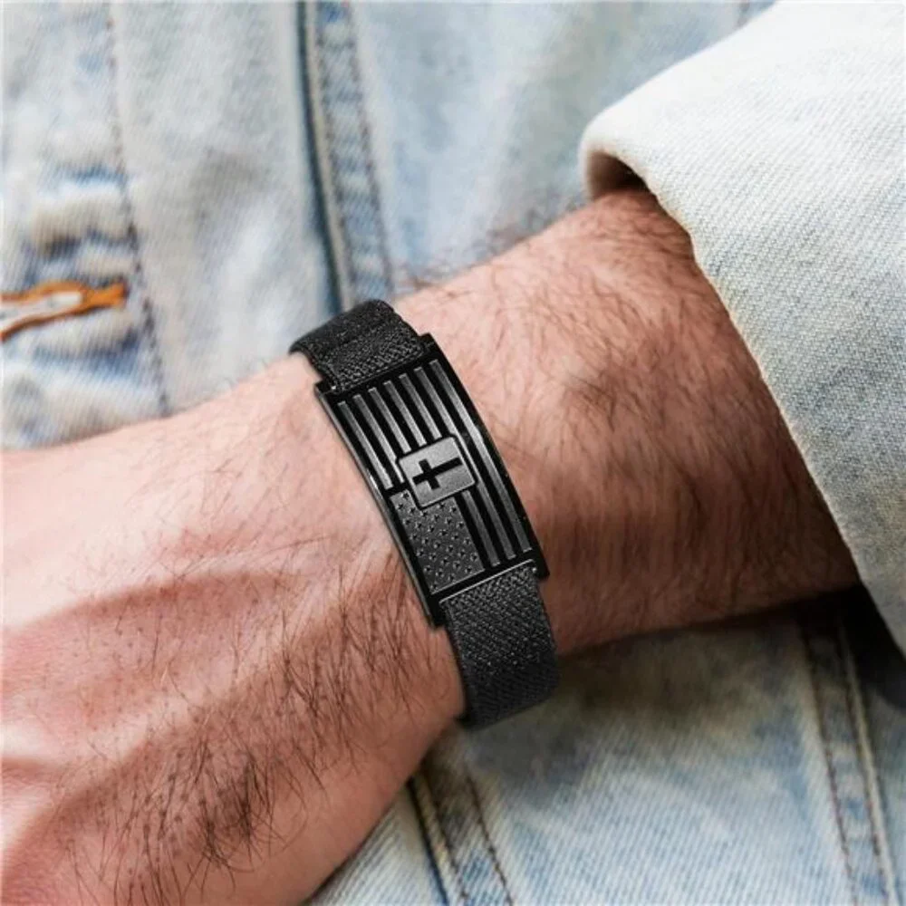 American Flag Cross Bracelet for Men Women, Black Elastic Stretch Strap